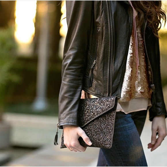 Rebecca Minkoff Black Glitter Leo Clutch NWOT - Picture 8 of 16